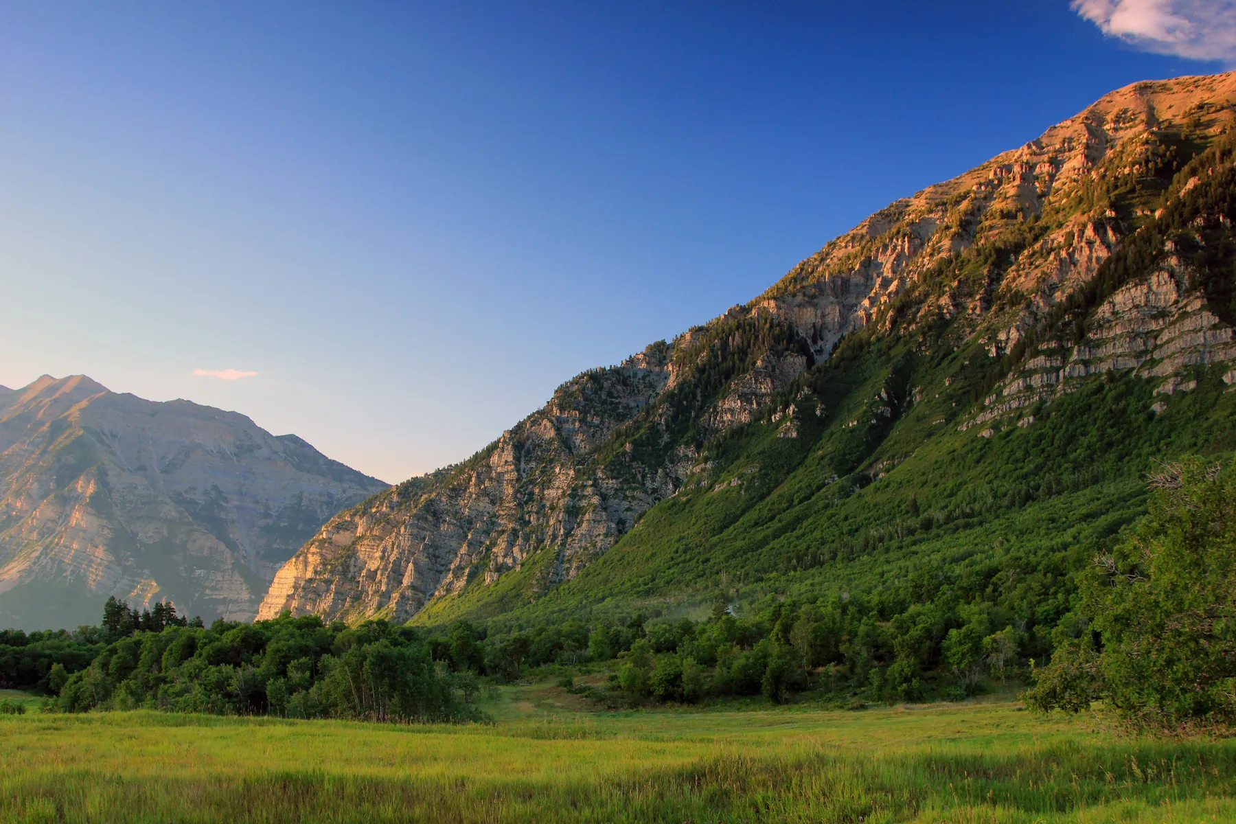 Sunlit Wasatch mountain slopes above a green valley